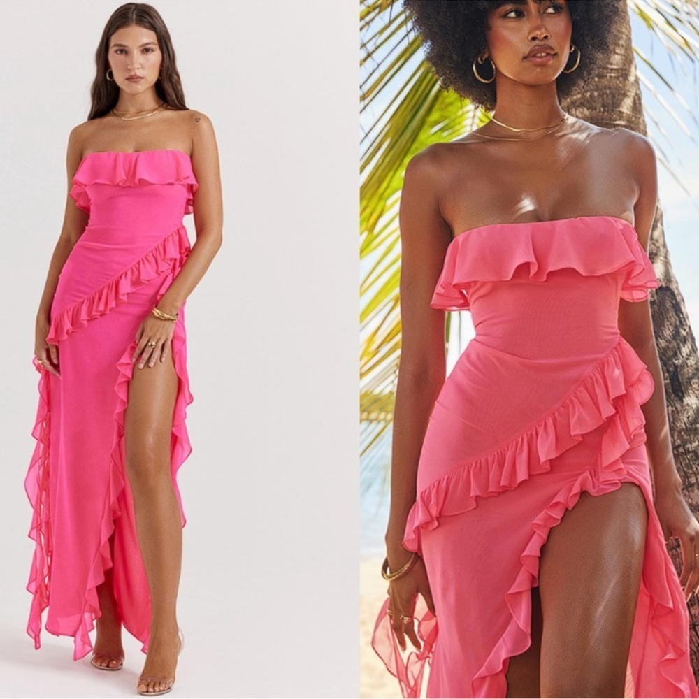 NWOT HOUSE OF CB Sarina Fuchsia Hot Pink Ruffle Strapless Maxi Dress sz L - Picture 3 of 9